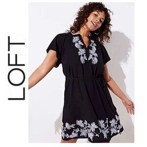 LOFT, Black short sleeve midi dress with floral embroidery